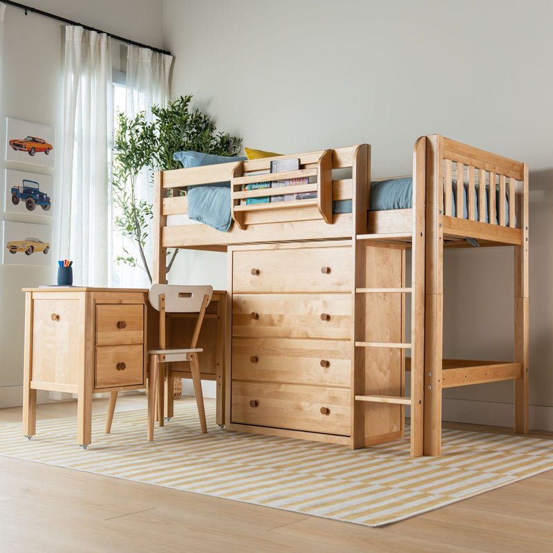 Solid wood loft bed with built-in desk and drawers in kids' room, natural finish, blue bedding, storage, plant and car wall art