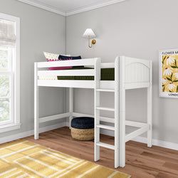 White twin loft bed with ladder and green bedding in bright kids' bedroom with gray walls, hardwood floor, yellow rug, window and floral wall art