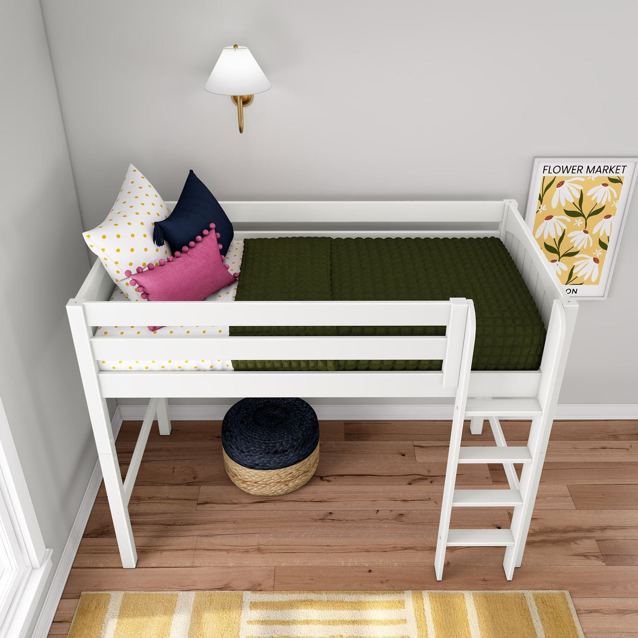White kids loft bed with ladder in modern children's bedroom — dark green quilt, yellow polka dot sheets, navy and pink throw pillows, wall sconce, floral "Flower Market" print, hardwood floor and yellow striped rug