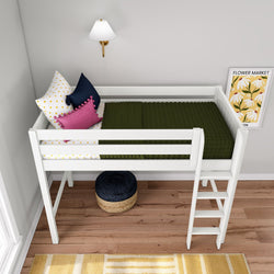 White kids loft bed with ladder in modern children's bedroom — dark green quilt, yellow polka dot sheets, navy and pink throw pillows, wall sconce, floral "Flower Market" print, hardwood floor and yellow striped rug