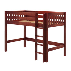 Solid wood twin loft bed in cherry finish with built-in ladder, safety guard rails and slatted platform — space-saving elevated bed frame for kids' bedroom