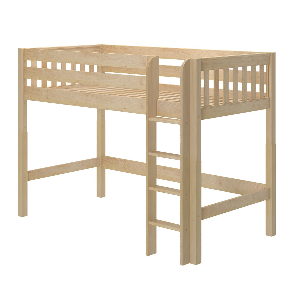 Natural light wood loft bed with built-in ladder, slatted guard rails, and elevated frame creating open space underneath for storage or play