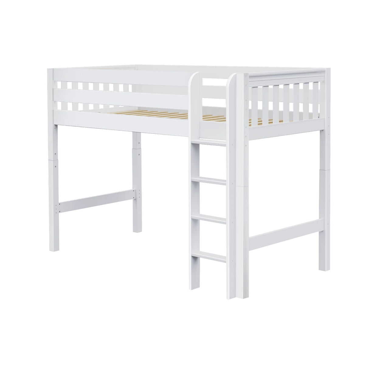 White wooden loft bed with built-in ladder and safety rails, space-saving high sleeper bed frame for kids
