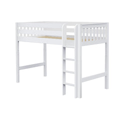 White wooden loft bed with built-in ladder and safety rails, space-saving high sleeper bed frame for kids