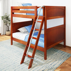 Wooden bunk bed with blue bedding and a metal ladder in a bright, modern bedroom.