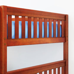 Wooden bunk bed frame with a blue mattress, ideal for kids' bedroom furniture.