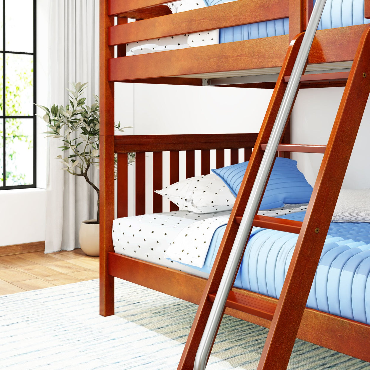 Wooden bunk bed with blue bedding in a bright, modern bedroom setting.