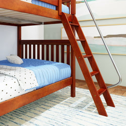 Wooden bunk bed with blue bedding and safety ladder in a modern bedroom setting.