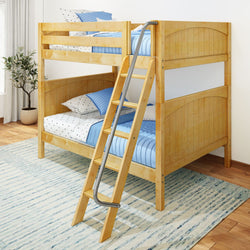 Wooden bunk bed with blue bedding and ladder in a bright room featuring a patterned rug and potted plant.