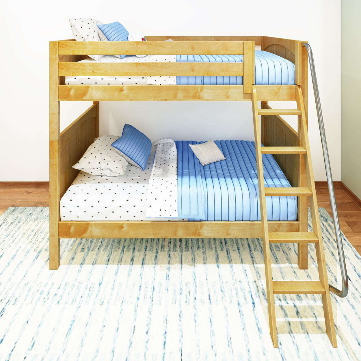 Wooden bunk bed with blue bedding and ladder, ideal for kids room furnishing.