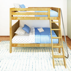Wooden bunk bed with blue bedding and ladder, ideal for kids room furnishing.