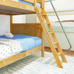 Wooden bunk bed with a blue mattress in a modern bedroom setting.