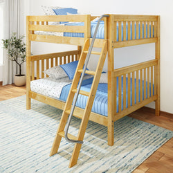Wooden bunk bed with blue bedding and ladder in a bright children's bedroom.