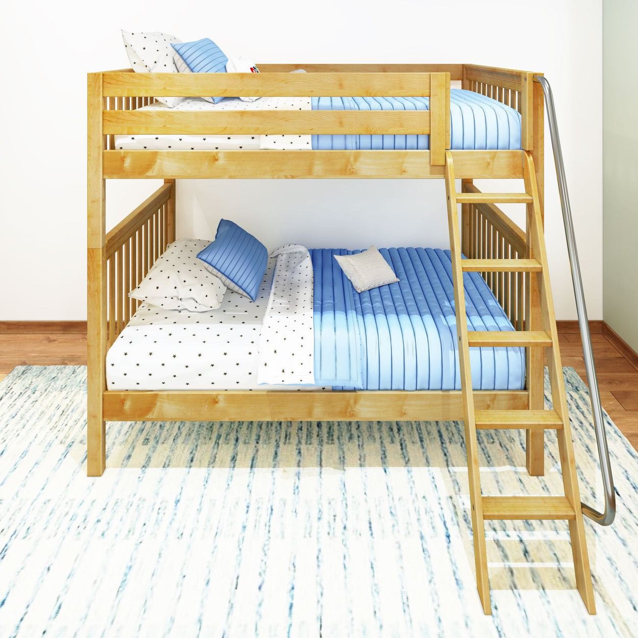 Wooden bunk bed with blue bedding and polka dot sheets in bright children's bedroom.