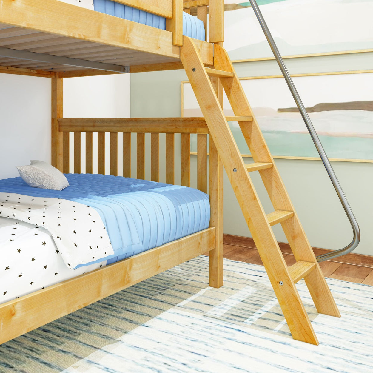 Wooden bunk bed with blue bedding and ladder in modern children's bedroom.