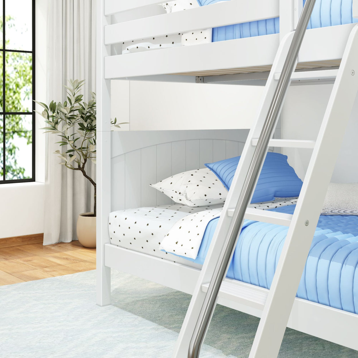White bunk bed with blue bedding in a bright, modern bedroom.