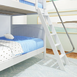 White bunk bed with light blue bedding and built-in slide, perfect for kids' room décor.