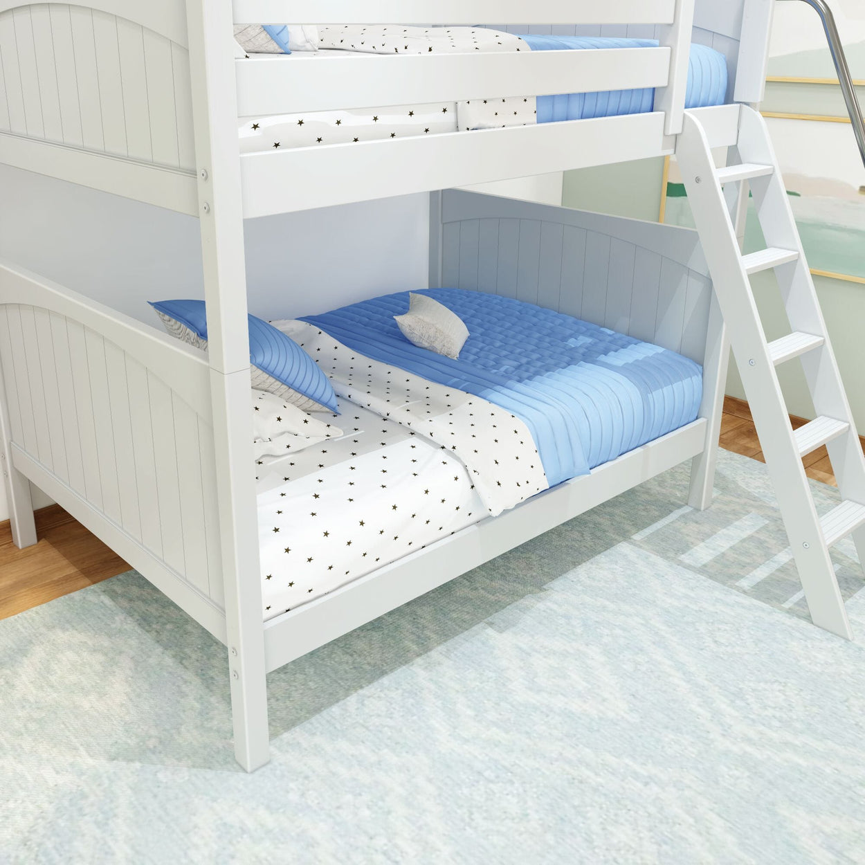 White wooden bunk bed with blue bedding and star-patterned sheets in a modern bedroom.