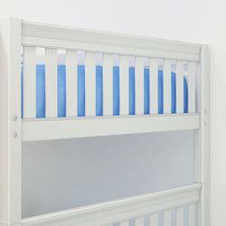 White wooden crib with blue bedding, modern nursery furniture design.