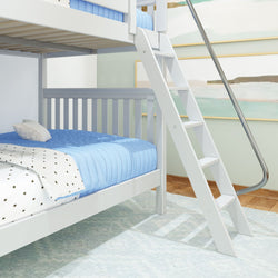 White bunk bed with ladder and blue bedding in a modern, stylish bedroom.