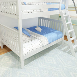 White wooden bunk bed with blue and white bedding in a modern bedroom.