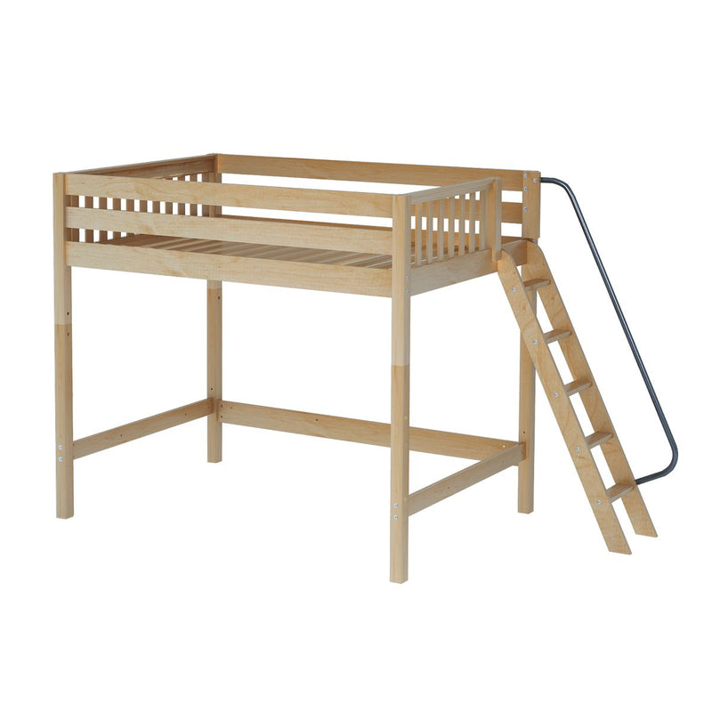 Light natural wood loft bed with angled ladder and safety guard rails, space-saving high sleeper bed for kids