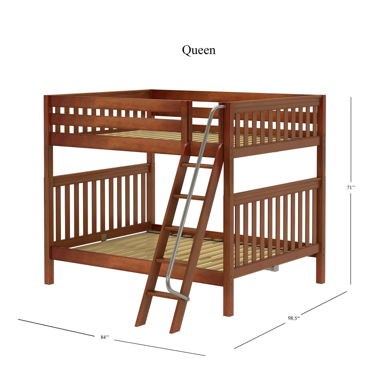 Queen size wooden loft bed with ladder and dimensions shown.