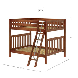 Queen size wooden loft bed with ladder and dimensions shown.