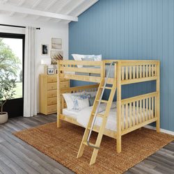 Wooden bunk bed in modern bedroom with blue accent wall and natural light streaming through large windows.