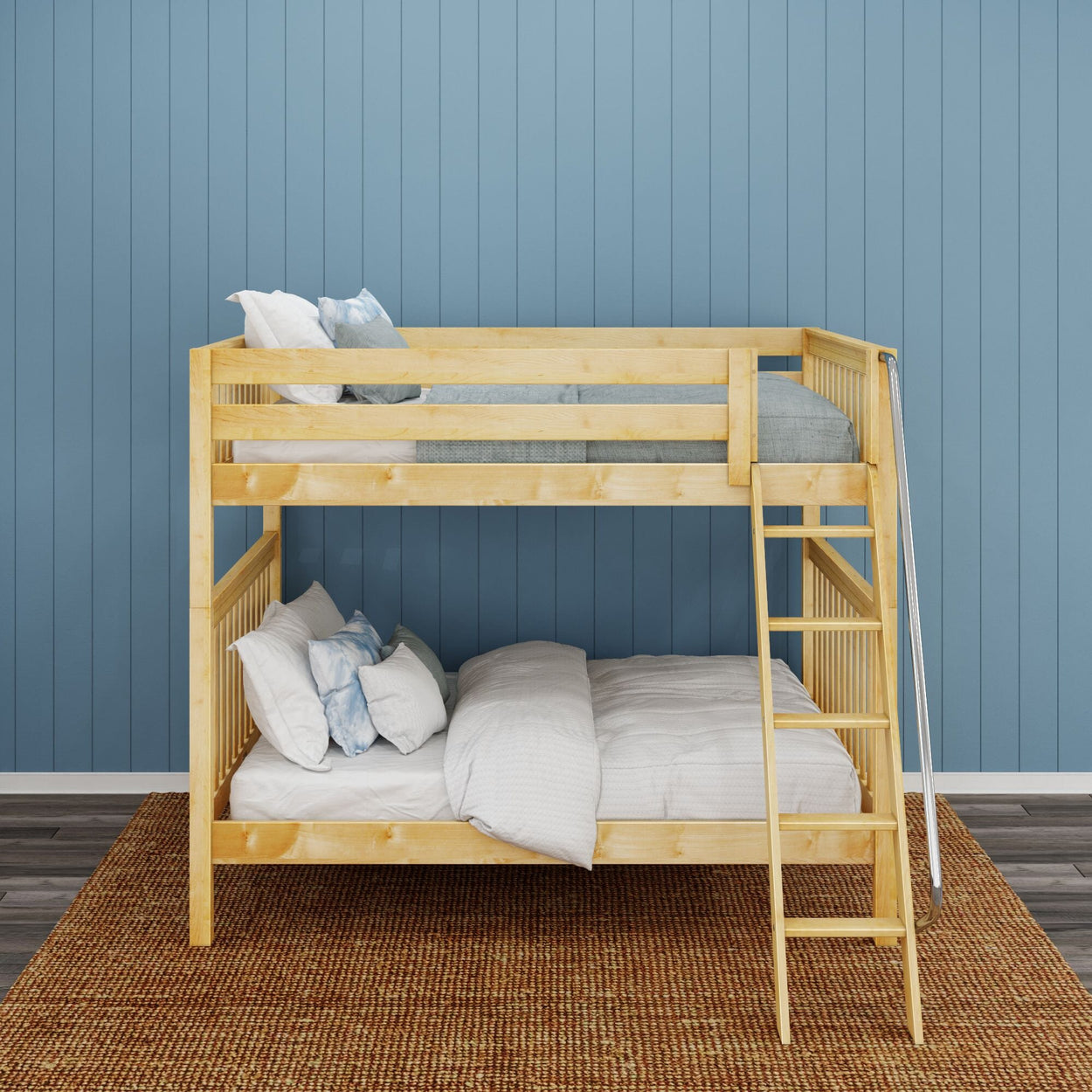 Wooden bunk bed against blue paneled wall in a modern bedroom setting.
