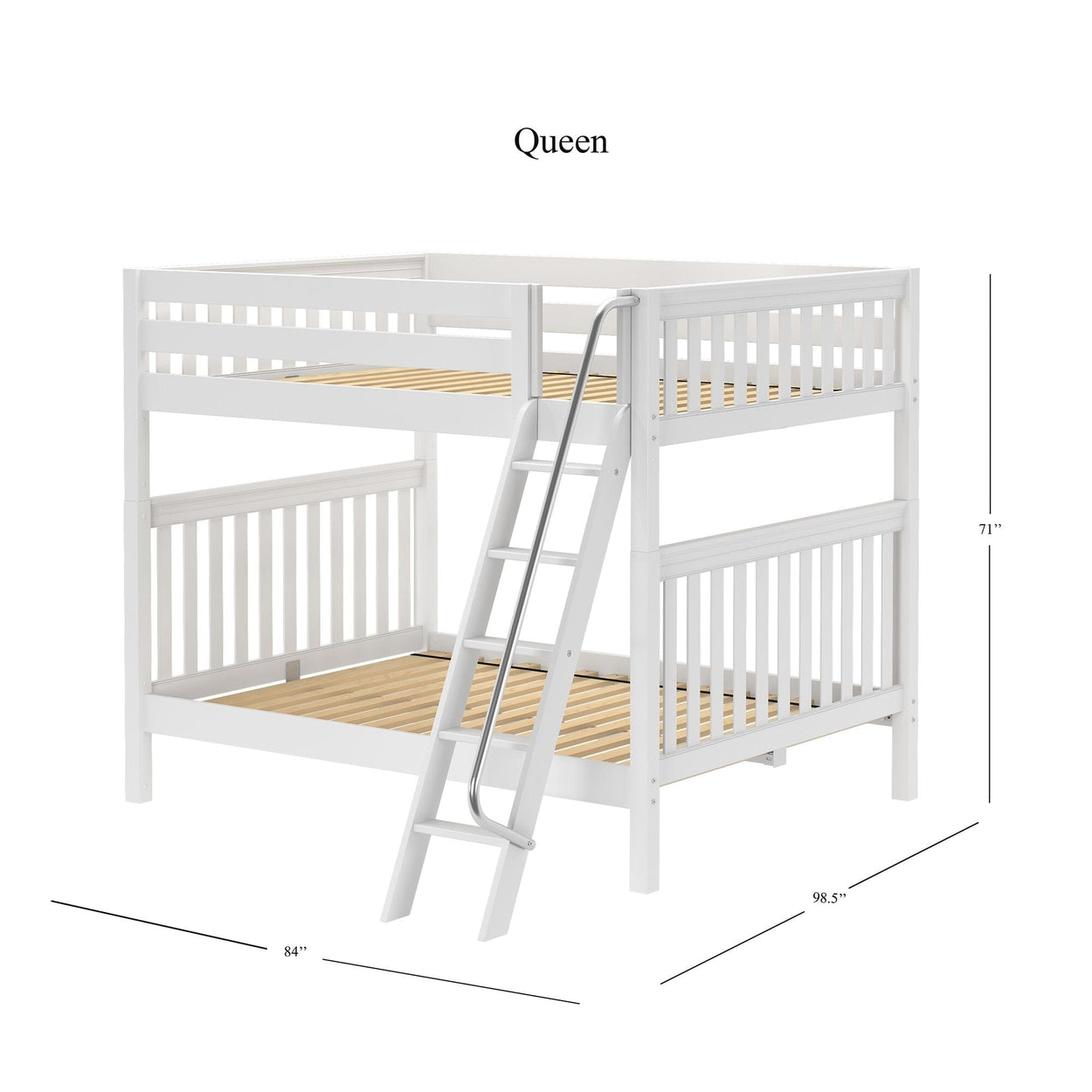 Queen size white wooden loft bunk bed with ladder and safety rails, dimensions 71 inches tall, 84 inches wide, 98.5 inches long.