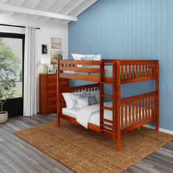 Wooden bunk bed in a bright bedroom with blue wall décor and natural light.