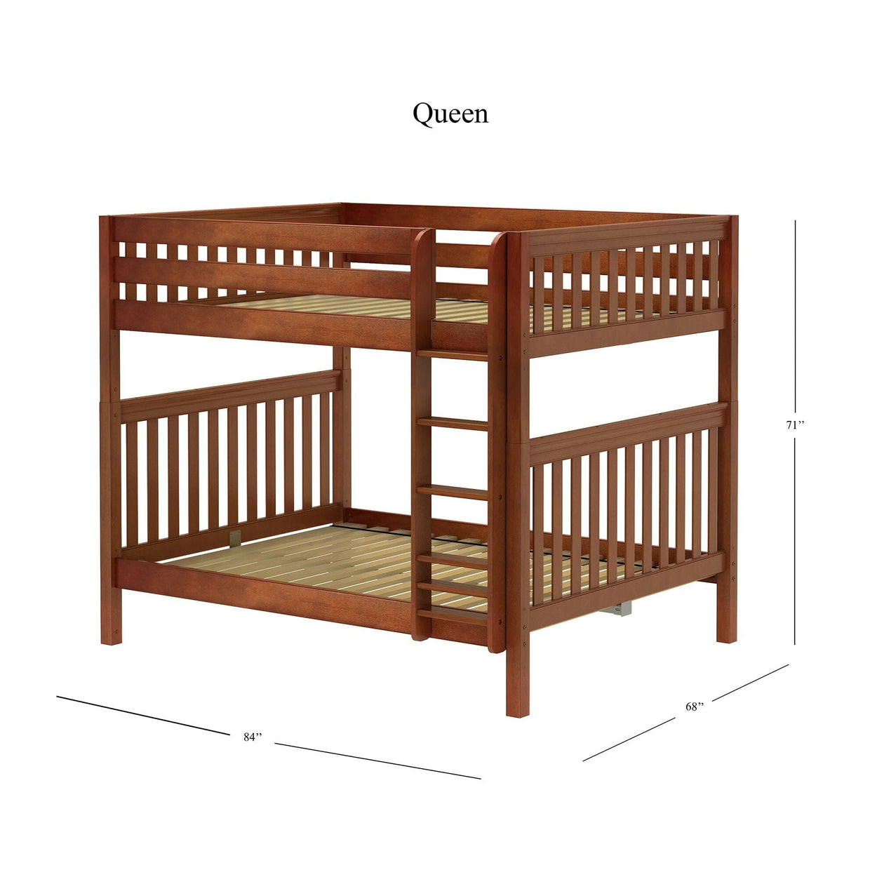 Queen size wooden bunk bed frame with ladder and slatted design.
