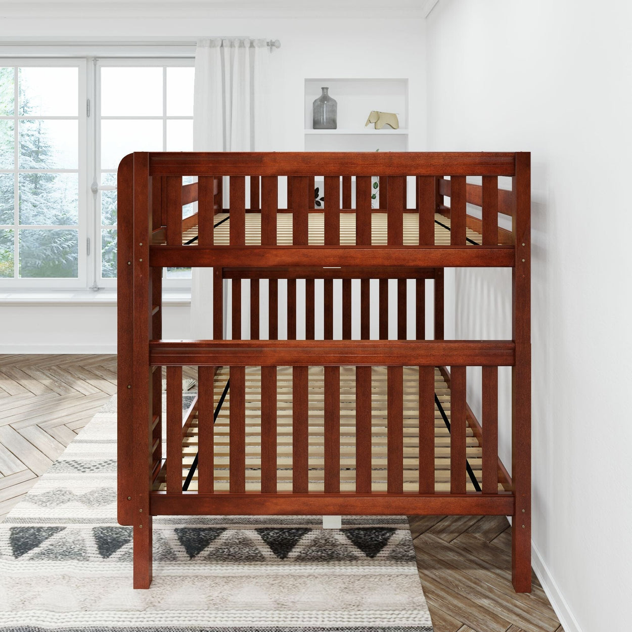 Compact wooden bunk bed in a bright, modern bedroom with large window and geometric rug.