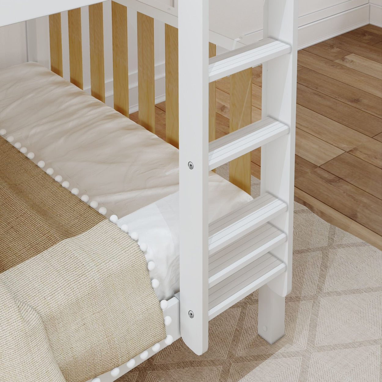 White wooden bunk bed with safety ladder and cozy bedding.