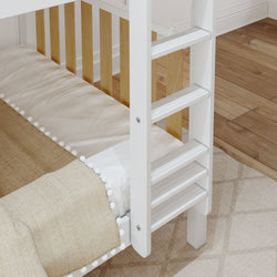 White wooden bunk bed with safety ladder and cozy bedding.
