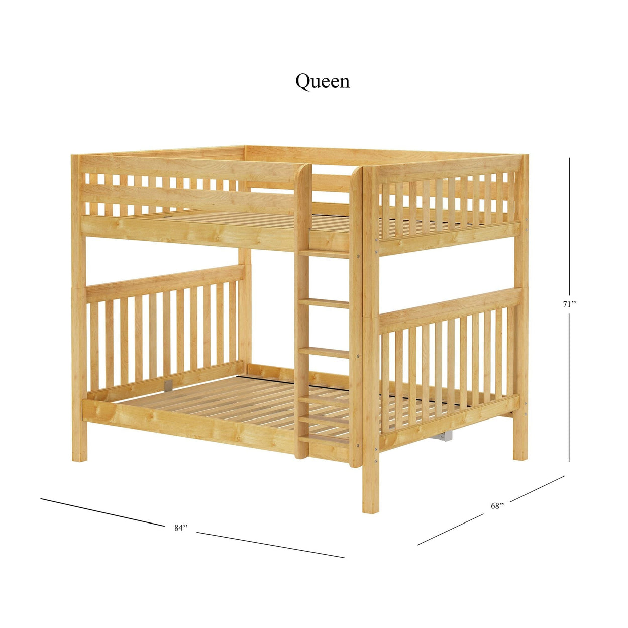 Queen size wooden bunk bed with ladder and slatted design, measuring 84 by 68 by 71 inches.