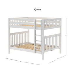 White queen size bunk bed with ladder and slatted frame design, dimensions 84 inches by 68 inches by 71 inches.
