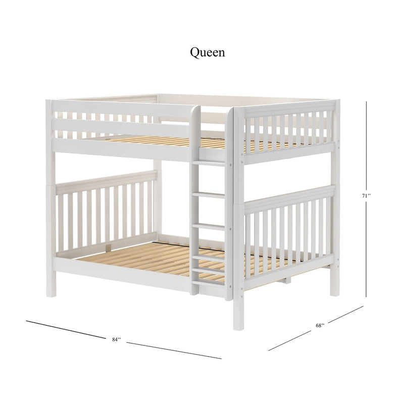 White wooden queen loft bunk bed with ladder, slatted wood mattress support and safety guardrails, minimalist design, dimensions 84" L x 68" W x 71" H