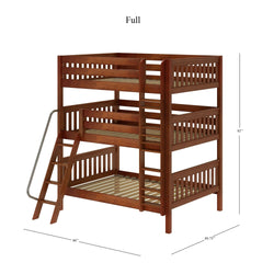 Triple wooden bunk bed with ladder and safety rails, full-size dimensions 92 inches high, 80 inches long, 89.75 inches deep.