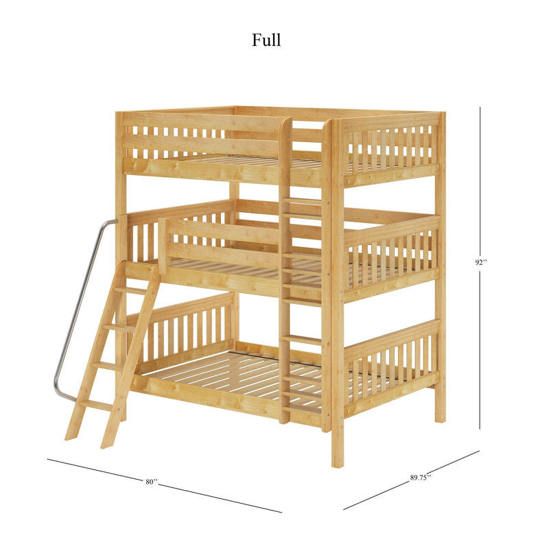 Full-size solid wood triple bunk bed with slatted frames, integrated ladders and metal slide in natural finish, 92-inch height