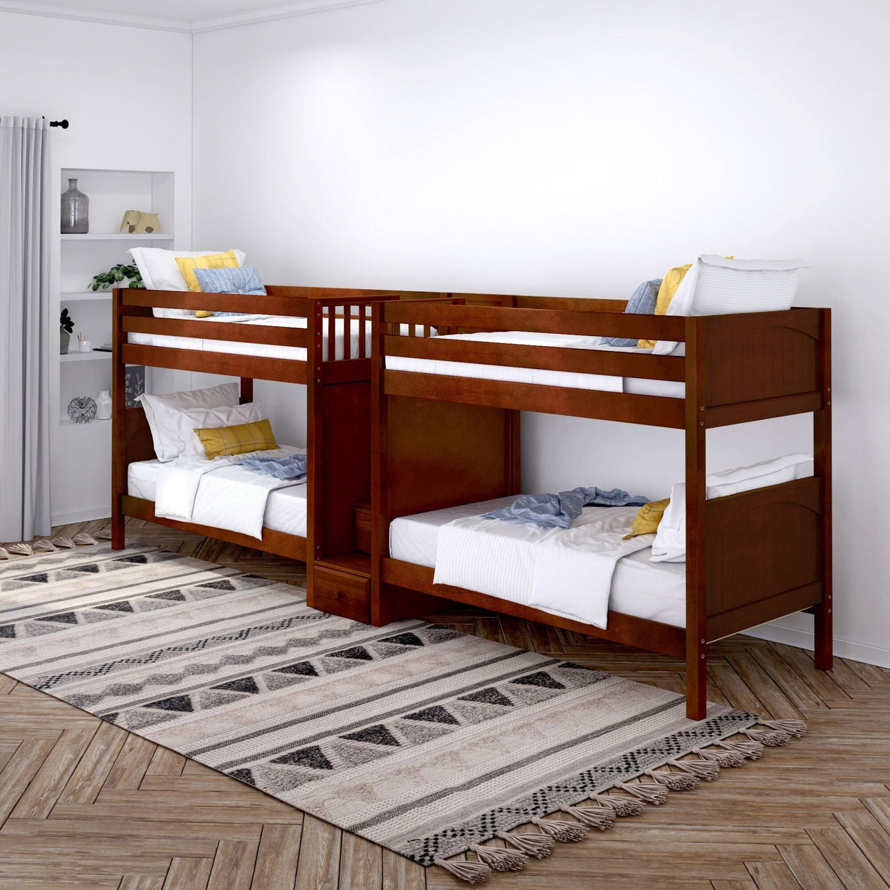 Wooden bunk beds with white bedding in a bright, modern bedroom featuring a geometric patterned rug.