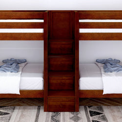 Wooden bunk bed with built-in storage drawers and blue striped bedding in modern bedroom.