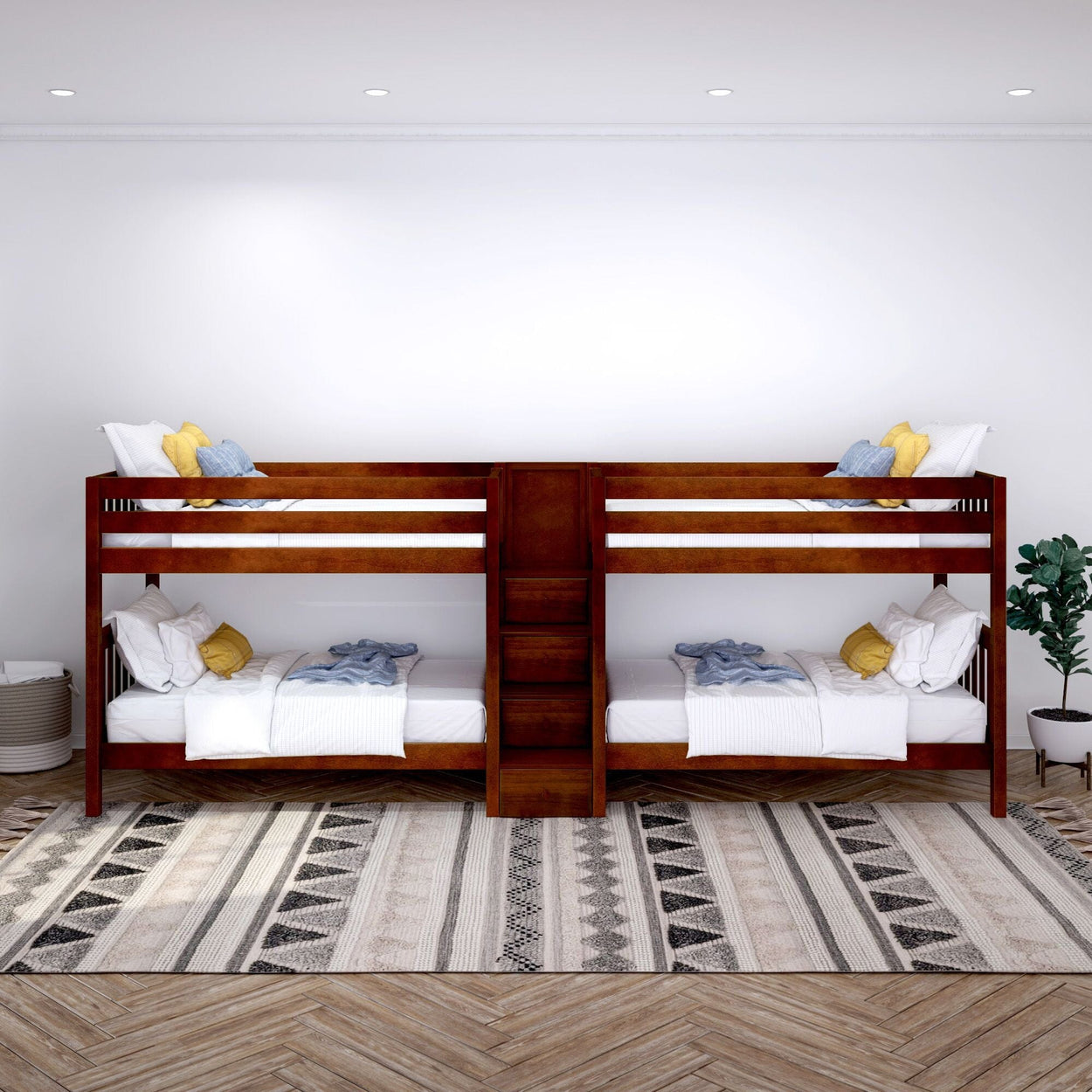Modern wooden bunk bed with cozy bedding and stylish decor in a spacious bedroom.