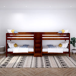 Modern wooden bunk bed with cozy bedding and stylish decor in a spacious bedroom.