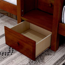 Open wooden drawer on carpeted floor showcasing storage space in home furniture.