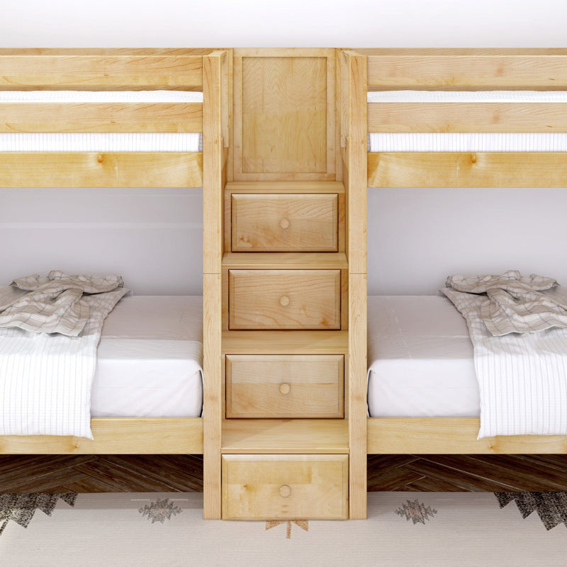 Natural maple wooden twin bunk bed with built‑in ladder and storage drawers, white bedding