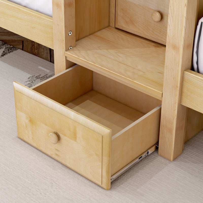 Under-bed light pine storage drawers with pull-out metal slides and wooden knobs on laminate bedroom floor