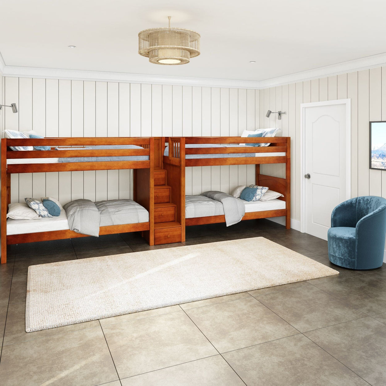 Stylish modern bedroom with wooden bunk beds, cozy armchair, and elegant lighting fixture.