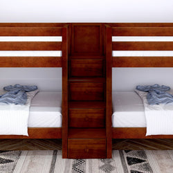Wooden bunk beds with built-in storage drawers and white bedding, featuring a striped rug, perfect for modern bedroom furniture decor.